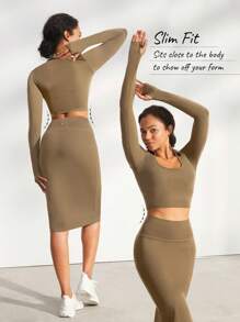 GLOWMODE FeatherFit™-Sculpt Tummy Control Slit Midi Pencil Skirt - Camel - View 7