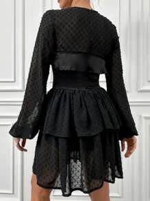 RueChic Mesh Joint Lantern Sleeve Ruffle Edge Party Dress - Black - View 2