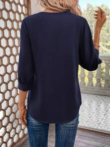 SHEIN LUNE Solid Color Lantern Sleeve Shirt - Navy Blue - View 2