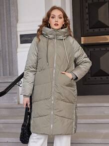 Astrid Plus Size Women'S Hooded Padded Coat With Raglan Sleeve And Drawstring - Green - View 1