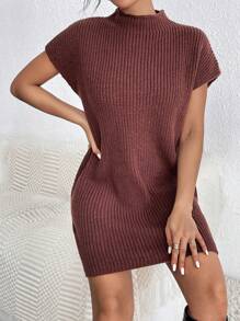 SHEIN Essnce Một nửa Áo cao cổ Dơi Tay áo Đầm Áo len Không có thắt lưng - Màu nâu Sô-cô-la - Xem 7