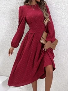 SHEIN LUNE فستان بطيات وأكمام فانوس بخصر عالٍ - عنابي اللون - مشاهدة 6