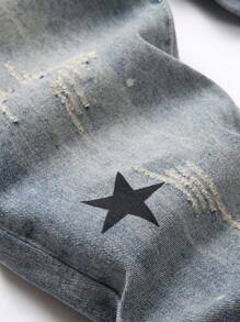 Men Star Print Jeans - Light Wash - View 5