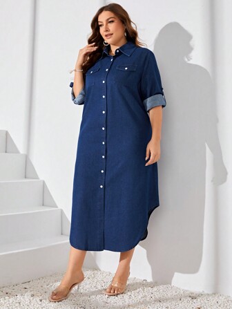 EMERY ROSE Plus Size Denim Overall Dress With Buttons Fall Cloth For Women