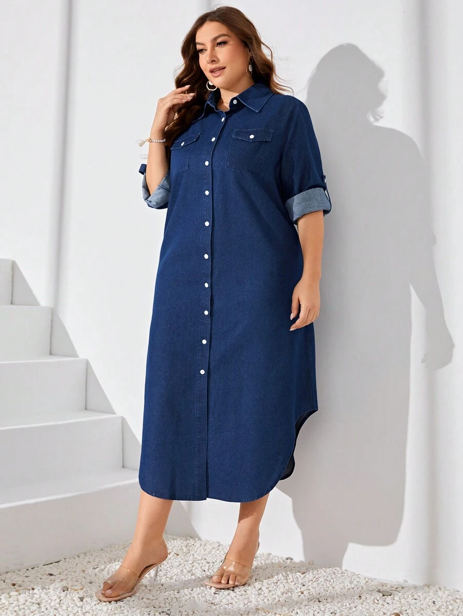 EMERY ROSE Plus Size Denim Overall Dress With Buttons Fall Cloth For Women - Dark Wash - View 1