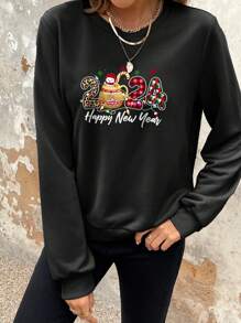 SHEIN LUNE 1pc Casual Round Neck Drop Shoulder Sleeve Sweatshirt With Text Print - Black - View 3