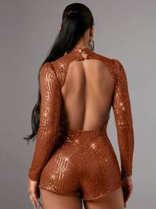 SHEIN BAE Backless Long Sleeve Sparkly Jumpsuit - Rust Brown - View 1