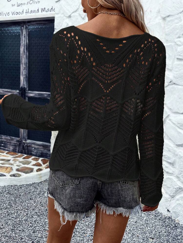 Solid Pointelle Knit Drop Shoulder Sweater,Long Sleeve Tops Knit Pullover Fall Winter Sweater