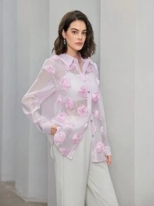 Anewsta Áo sơ mi lưới mỏng dài tay họa tiết hoa hồng 3D cho nữ - Màu Hồng baby - Xem 8