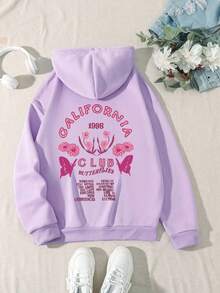 Women's Plus Size Floral & Letter Print  Pocket Drawstring Hooded Fleece Sweatshirt - Purple - View 1