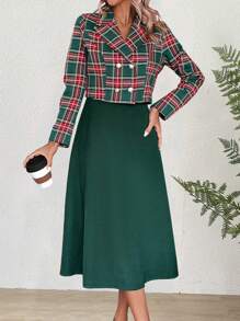 SHEIN Clasi 格紋印花雙排釦夾克&半身裙 - 綠色 - 查看 4