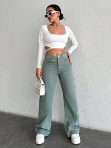 Cottnline Ladies' Casual Denim Trousers With Pockets - Mint Green - View 5