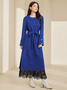 Seusyu Vestido Feminino Azul Com Decote Redondo E Cinto - Azul - Ver 4
