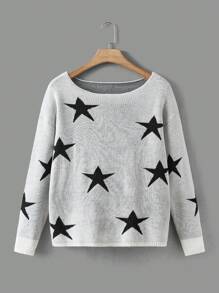 SHEIN EZwear Women'S Drop Shoulder Five-Pointed Star Pattern Sweater - White - View 1