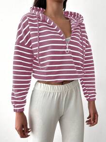EURMUSE Striped Drawstring Long Sleeve Hoodie - Rusty Rose - View 4