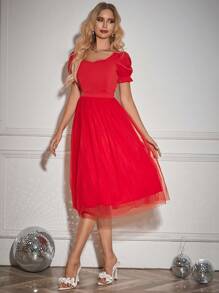 Vestido De Princesa Rojo Con Mangas Abullonadas Transparentes Y Cintura Ajustada Para Uso Diario, Primavera Y Verano - Rojo - Ver 3