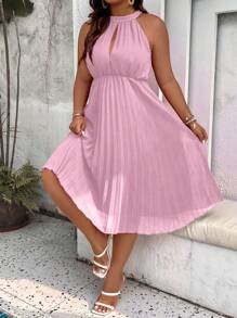 Franclia 大尺寸鎖孔領口和褶襉掛脖連身裙 - 粉色 - 查看 3