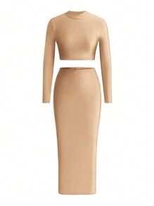 SHEIN BAE Stand Collar Long Sleeve Cropped Top And Skirt 2pcs/Set - Apricot - View 5