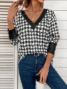 SHEIN LUNE 女千鳥格長袖 T 卹 - 黑與白 - 查看 6