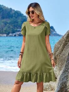 EMERY ROSE Vestido Corto Con Mangas Abullonadas Y Dobladillo Con Volantes - Verde militar - Ver 5