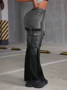 SHEIN ICON 高腰喇叭口洗水牛仔褲 - 黑色 - 查看 2