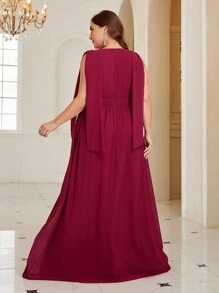 SHEIN Belle 大尺碼荷葉邊v領伴娘禮服 - 酒紅色 - 查看 4