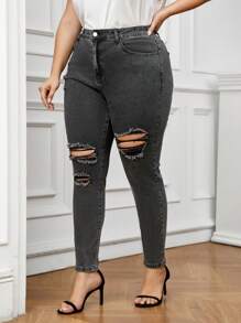Plus Size Distressed Skinny Jeans - Grey - View 6