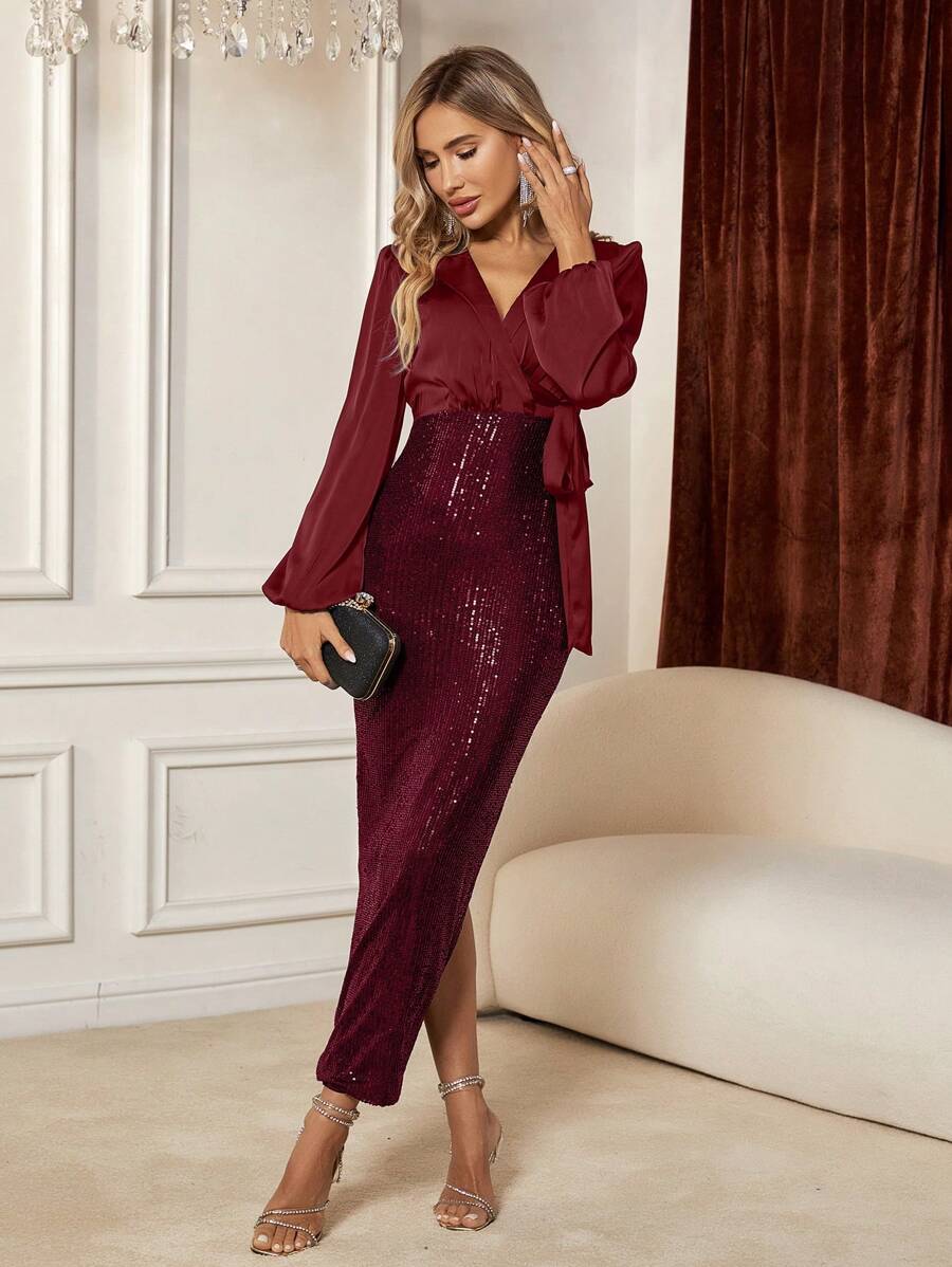 SHEIN Clasi Long Sleeve Knot Detail Glitter Side Slit Dress - Burgundy - View 1