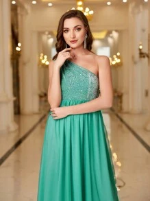 SHEIN Belle Robe asymétrique avec col en sequins et contraste en maille - Vert menthe - Voir 4