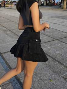 Váy Denim viền xếp ly có túi nắp - màu đen - Xem 5