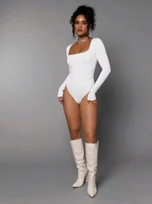 Silquee Women's Square Neck Long Sleeve Bodysuit - White - View 4