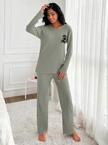 RueChic Letter Printed Drop Shoulder Ribbed Knit Home Suit - Mint Green - View 3