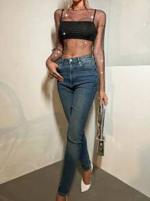 VaVaBold 水鑽漁網喇叭袖上衣和短版吊帶背心 - 黑色 - 查看 3