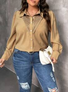 Flirla Camisa De Manga Larga Con Dobladillo Acampanado Para Tallas Grandes