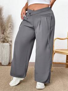 SHEIN CURVE+ Kích thước lớn Màu thuần Quần chân thẳng - Xám - Xem 3