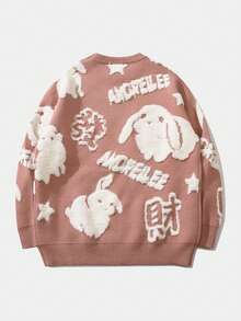 ANDREILEE 男士休闲兔子字母图案落肩毛衣，秋冬款 - 珊瑚橙 - 查看 2