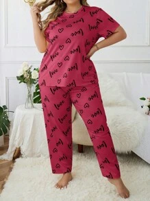 Plus Size Heart & Letter Print T-shirt And Pants Pajama Set - Rose Red - View 4