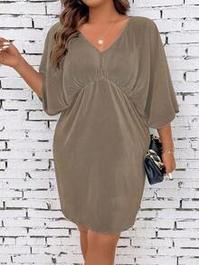 SHEIN Clasi 大尺碼實色v領寬鬆休閒短裙 - 棕色 - 查看 3