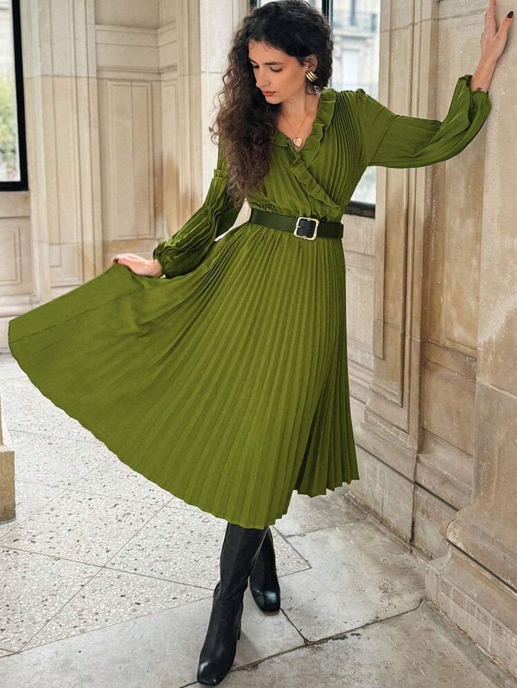 Ruffle Pleated Lantern Sleeve Dress