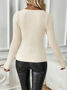 SHEIN Essnce 純色修身v領長袖毛衣 - 米色 - 查看 2