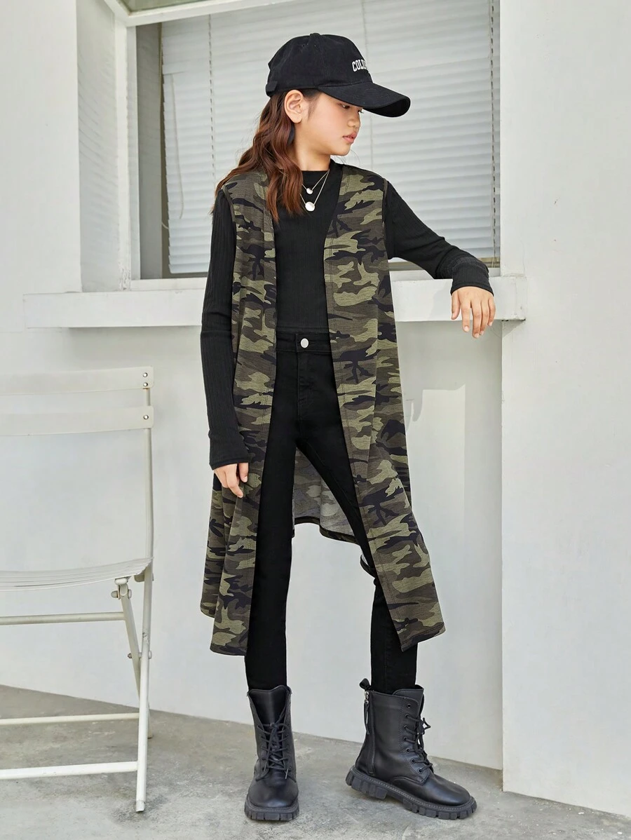 補間女孩迷彩針織寬鬆前開無袖開襟衫 - 軍綠色 - 查看 1