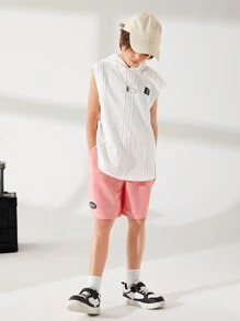 SHEIN 男童休閒字母拼布針織短褲 - 粉色 - 查看 6