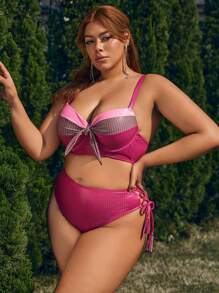 SHEIN Swim Curve Conjunto de bikini con bloques de color y detalles de nudos para tallas grandes, ideal para el verano