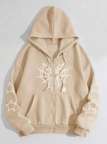 SHEIN EZwear 蜘蛛網印花連帽衫,附袋鼠口袋、內部抓絨和拉鍊設計 - 杏色 - 查看 1