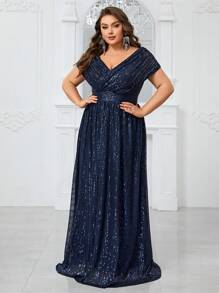 YISIKADO Plus Size Women's Glittery V-Neck Capelet Short Sleeve Party Evening Dress Elegant Formal Prom Wedding Guest Gown, For Graduation, Dinner - 藏蓝色 - 查看 5