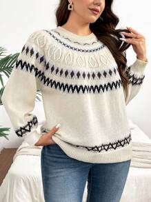 Calvaya 大码圆领几何印花套头毛衣针织衫秋冬款 - 彩色 - 查看 1