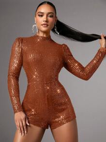 SHEIN BAE Backless Long Sleeve Sparkly Jumpsuit - Rust Brown - View 4