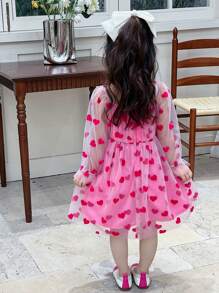SHEIN Young Girl Long Sleeve Mesh Heart Patterned Dress - Pink - View 2