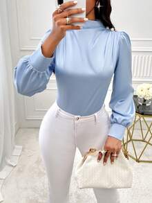 Women's Stand Collar Lantern Sleeve Work Shirt - Blue - View 6
