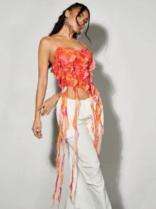 SHEIN BAE 橘紅色浪漫玫瑰印花層疊水母海草和荷葉邊設計的吊帶上衣,適用於夏季派對、約會、度假、外出 - 彩色 - 查看 4